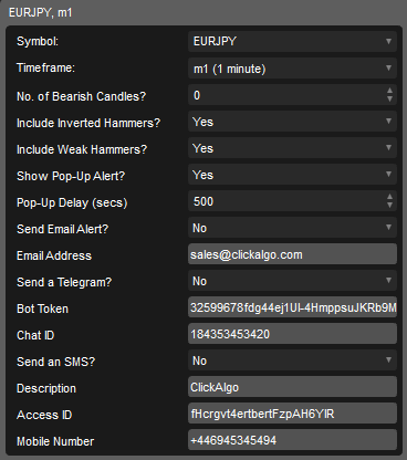 cTrader Hammer Pattern Software Input Parameters